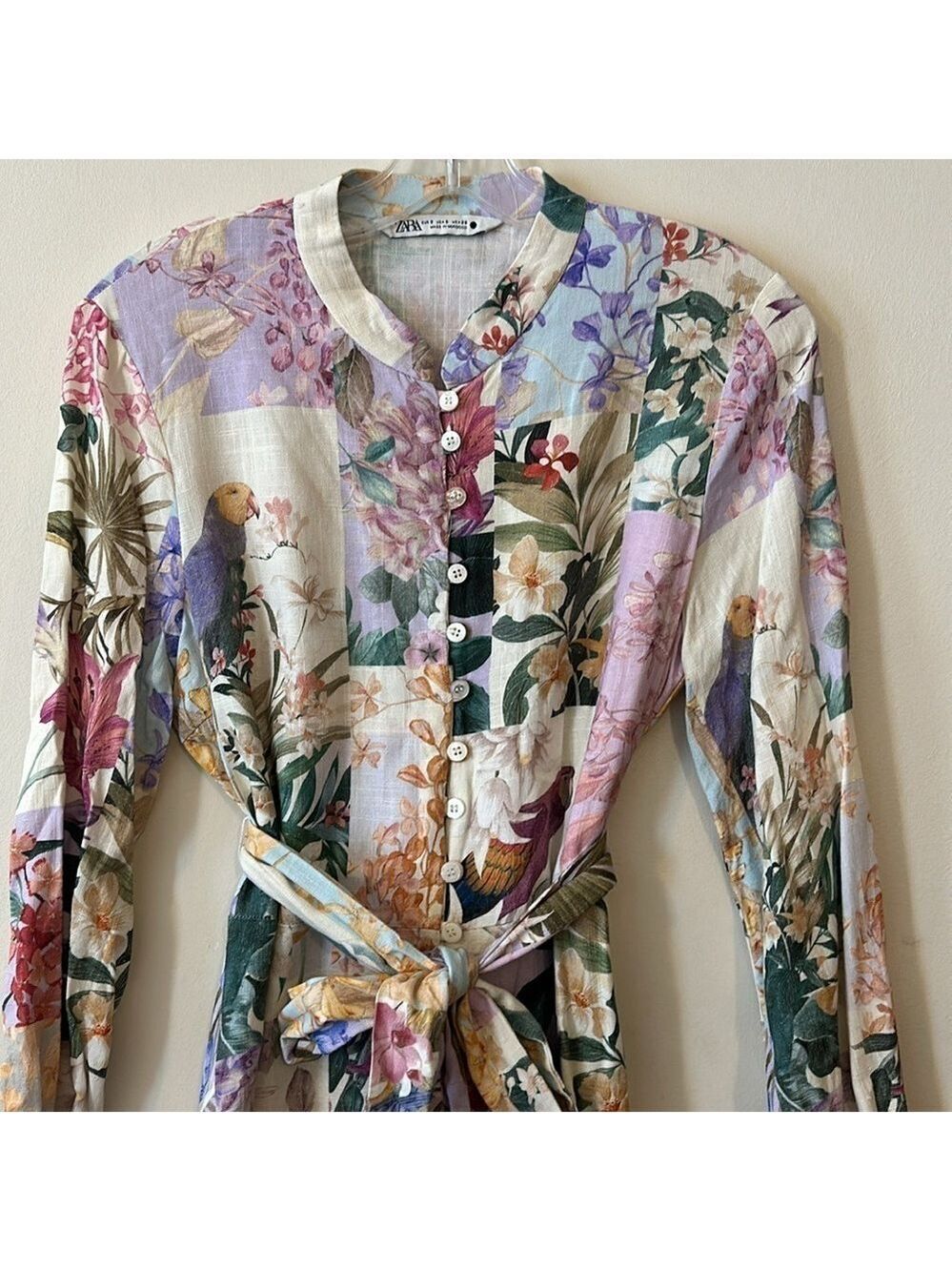 Zara Linen Blend Floral Print Belted Button Front Long Sleeve Mini Dress - Picture 11 of 16